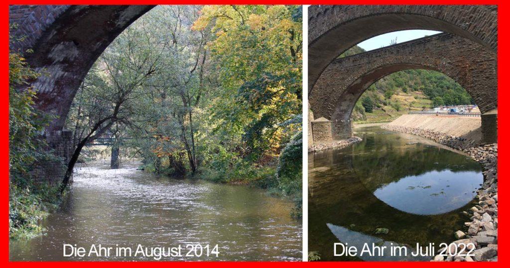 Der Bereich der Eisenbahnbrücke Altenahr vor und nach der Flut