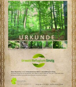 In Sinzig können Bürgerinnen und Bürger Anteile am UrwaldRefugium erwerben und als Urkunde verschenken.