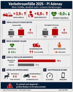 Verkehrsunfallbilanz 2025 der Polizeiinspektion Adenau im Überblick: Mehr Unfälle, klare Schwerpunkte bei Tempoverstößen und Ablenkung – besonders auf den überörtlichen Strecken rund um den Nürburgring.