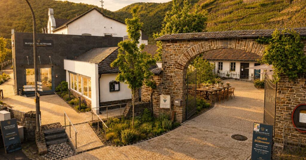 Kulinarische Auszeit zwischen Steillagen: Die Winzergenossenschaft Mayschoß-Altenahr lädt nach Walporzheim ein.