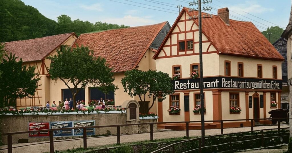 Historische Postkarte aus den Anfangsjahren: Die „Gemütliche Ecke“ als „Gasthaus M. Nett“ in Adenau, vermutlich Ende der 1920er-Jahre. Schon damals trug das Haus den Namen „Restaurant zur gemütlichen Ecke“. Nachträglich, mit Hilfe von KI koloriert