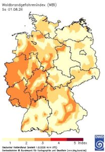 Die Karte des Deutschen Wetterdienstes (DWD) am 1. August 2026: Waldbrandgefahrenindex.