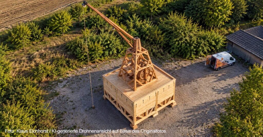 Dieser Auftrag dürfte selbst für erfahrene Zimmerleute einmalig sein: Die Zimmerei und Holzbau Torsten Klein aus Reifferscheid hat ein Stück Kölner Geschichte nachgebaut. Der Holzkran steht vor einem der berühmtesten Bauwerke Deutschlands.