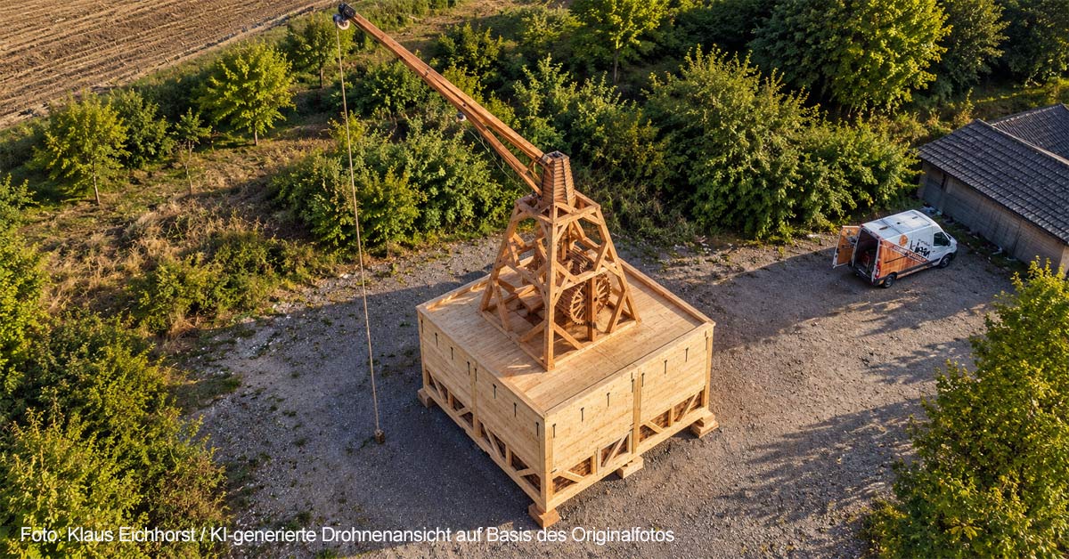 Dieser Auftrag dürfte selbst für erfahrene Zimmerleute einmalig sein: Die Zimmerei und Holzbau Torsten Klein aus Reifferscheid hat ein Stück Kölner Geschichte nachgebaut. Der Holzkran steht vor einem der berühmtesten Bauwerke Deutschlands.