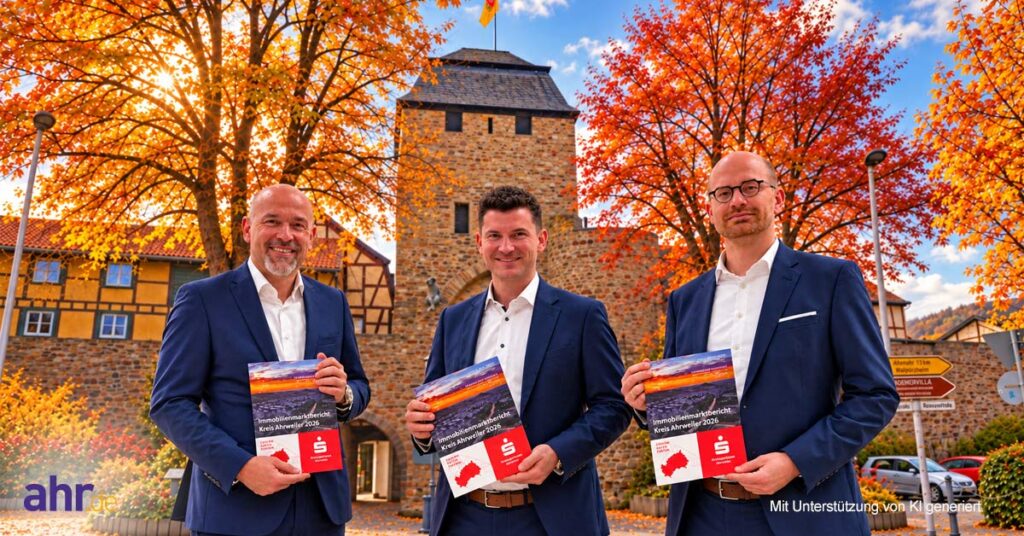 Sie stellten den neuen Immobilienmarktbericht für den Kreis Ahrweiler vor (v.l.) : Guido Mombauer, Vorstandsvorsitzender der Kreissparkasse Ahrweiler, Niklas von Pelken, Teamleiter Immobilienvermittlerund Rolf Eberle, stellvertretender Bereichsleiter Firmen- und Immobilienkunden.