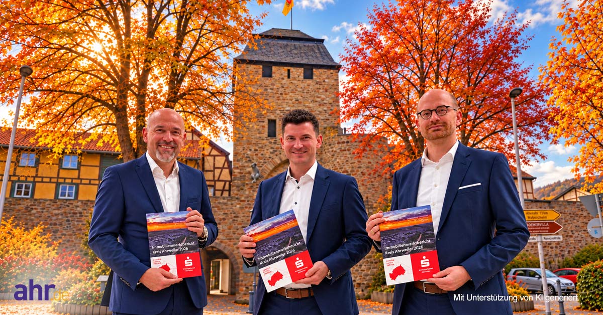 Sie stellten den neuen Immobilienmarktbericht für den Kreis Ahrweiler vor (v.l.) : Guido Mombauer, Vorstandsvorsitzender der Kreissparkasse Ahrweiler, Niklas von Pelken, Teamleiter Immobilienvermittlerund Rolf Eberle, stellvertretender Bereichsleiter Firmen- und Immobilienkunden.