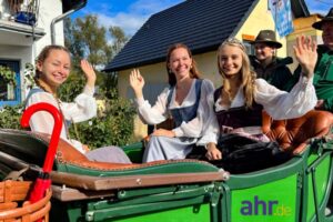 Zahlreiche Besucher feierten entlang der Straßen in Insul. Mittendrin: das Dernauer Weindreigestirn in einer Kutsche!